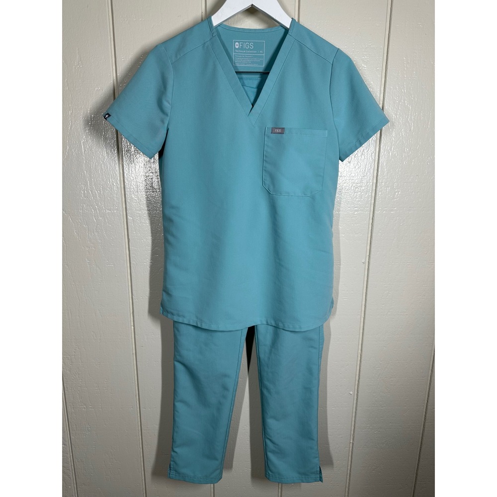 FIGS Scrub Set Women XS Teal Blue Technical Collection V-Neck Top & Pants 7724